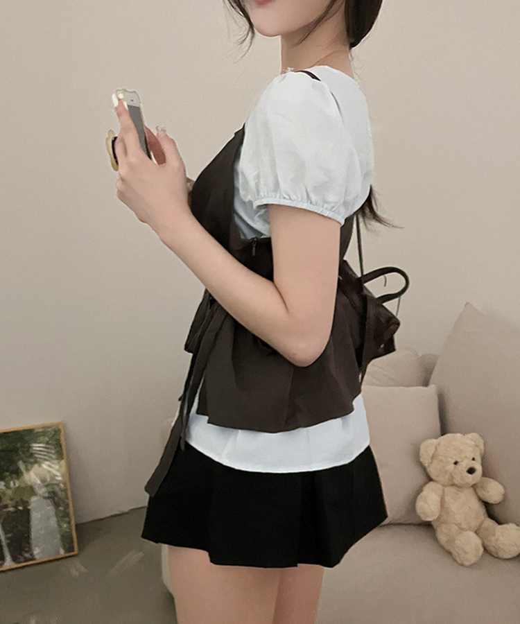 프레첼 반팔 블라우스 뷔스티에 투피스 세트 블루