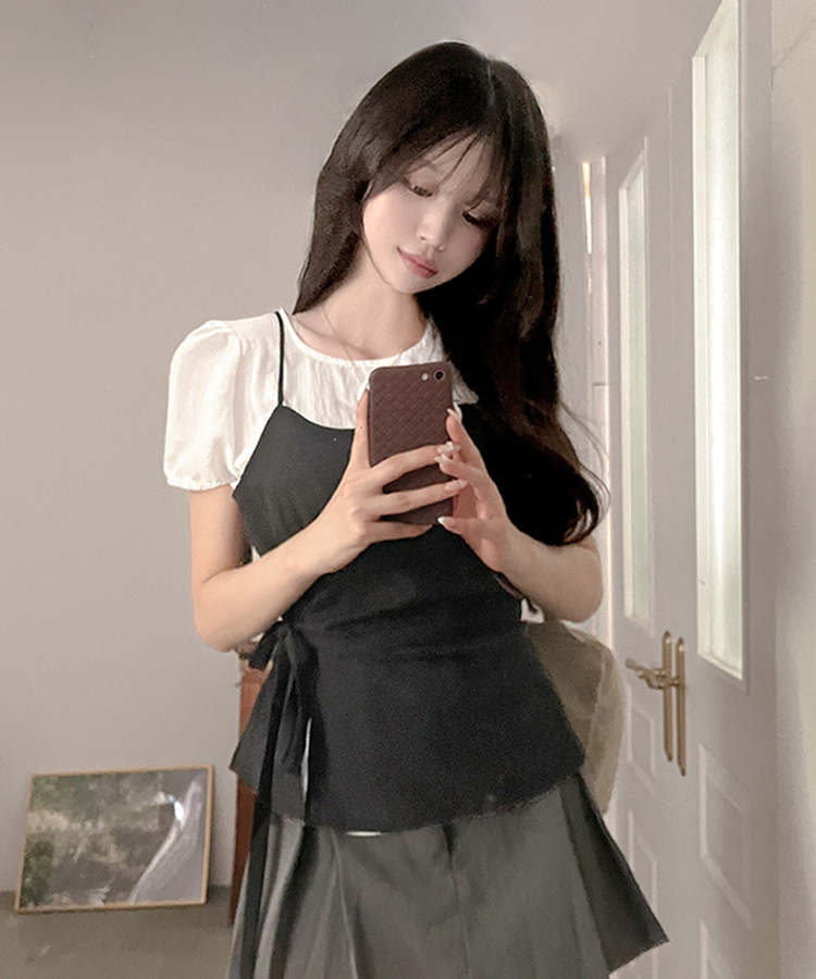 프레첼 반팔 블라우스 뷔스티에 투피스 세트 블랙