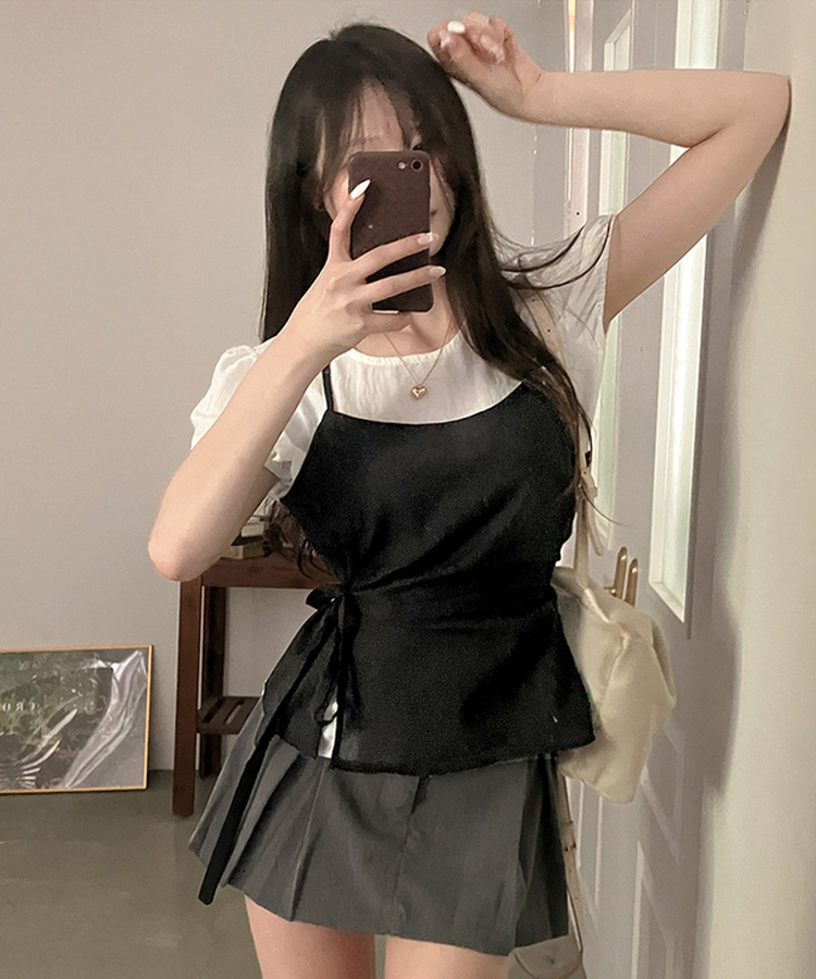 프레첼 반팔 블라우스 뷔스티에 투피스 세트 블랙