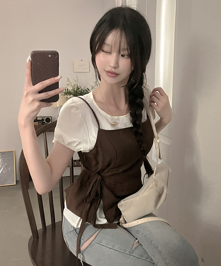 프레첼 반팔 블라우스 뷔스티에 투피스 세트 브라운