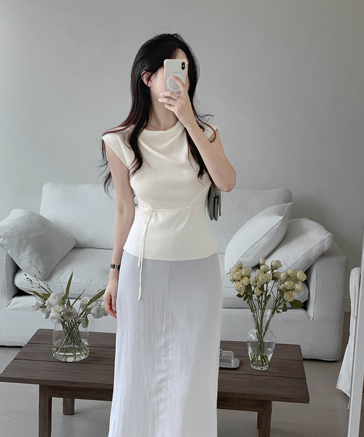 【タイ付き】ドレープキャップスリーブニット IVORY