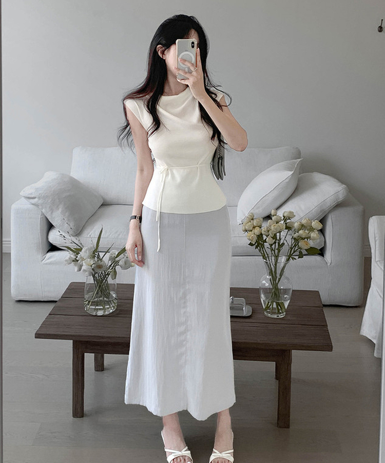 【タイ付き】ドレープキャップスリーブニット IVORY
