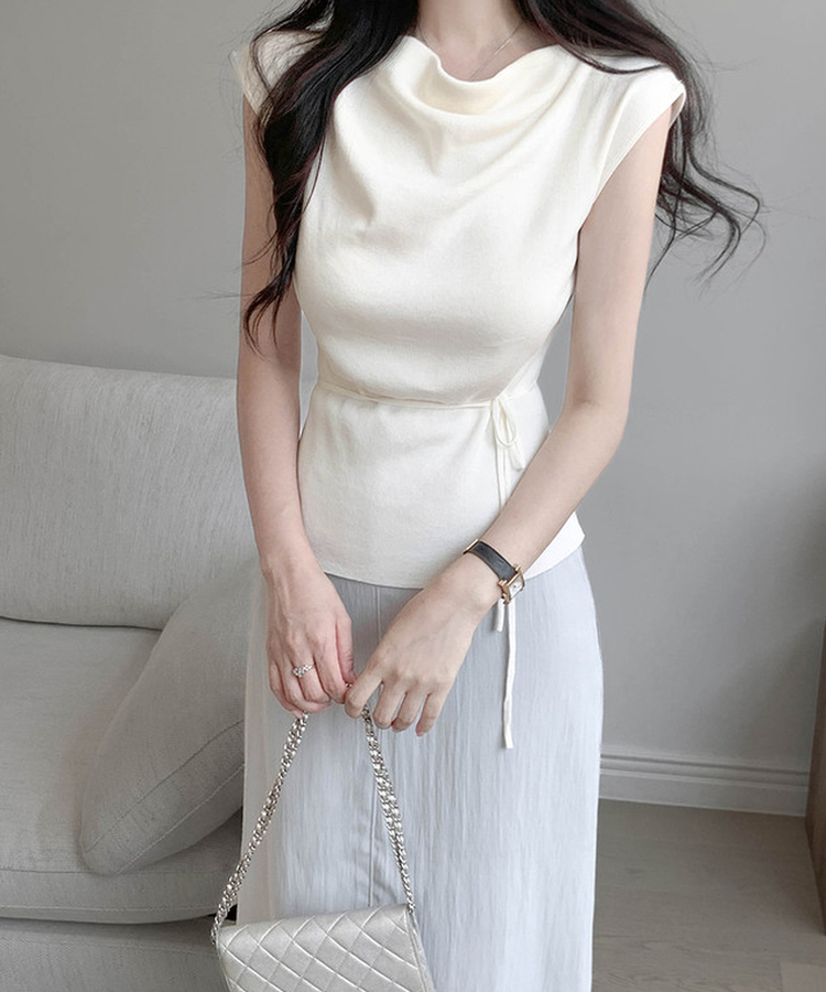 【タイ付き】ドレープキャップスリーブニット IVORY