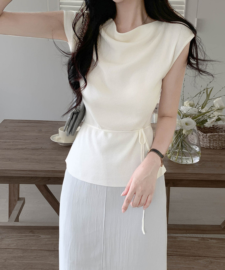 【タイ付き】ドレープキャップスリーブニット IVORY