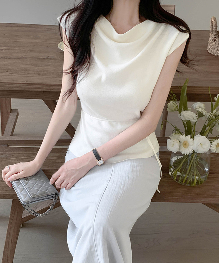 【タイ付き】ドレープキャップスリーブニット IVORY