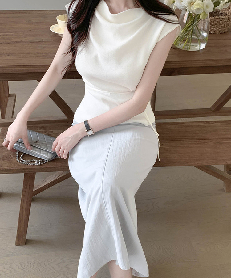 【タイ付き】ドレープキャップスリーブニット IVORY