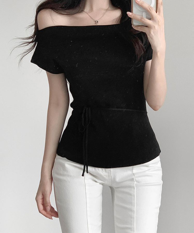 【タイ付き】ドレープキャップスリーブニット BLACK