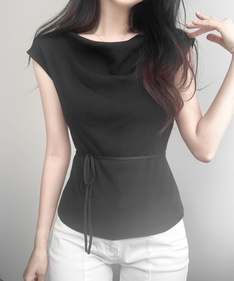 【タイ付き】ドレープキャップスリーブニット BLACK