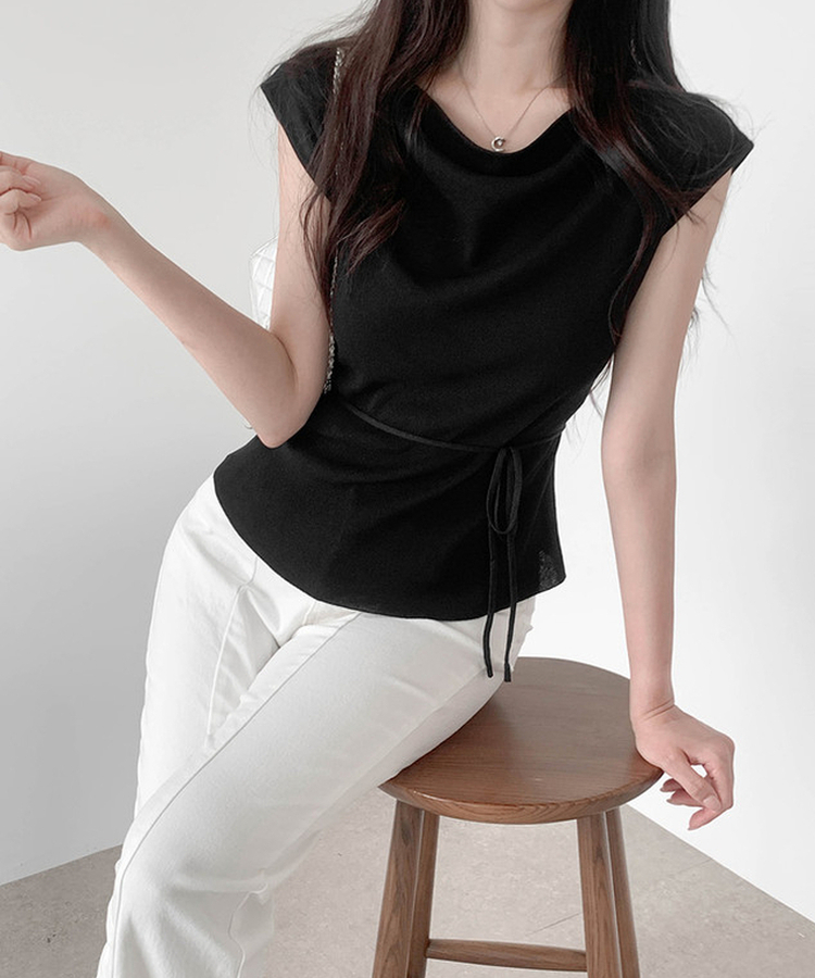【タイ付き】ドレープキャップスリーブニット BLACK