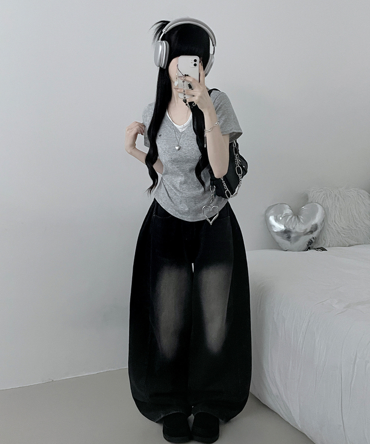 슈디와펜브이넥배색나시레이어드셔링반팔티 그레이