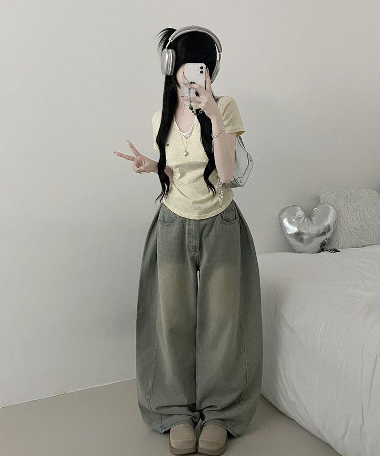 슈디와펜브이넥배색나시레이어드셔링반팔티 라이트옐로우