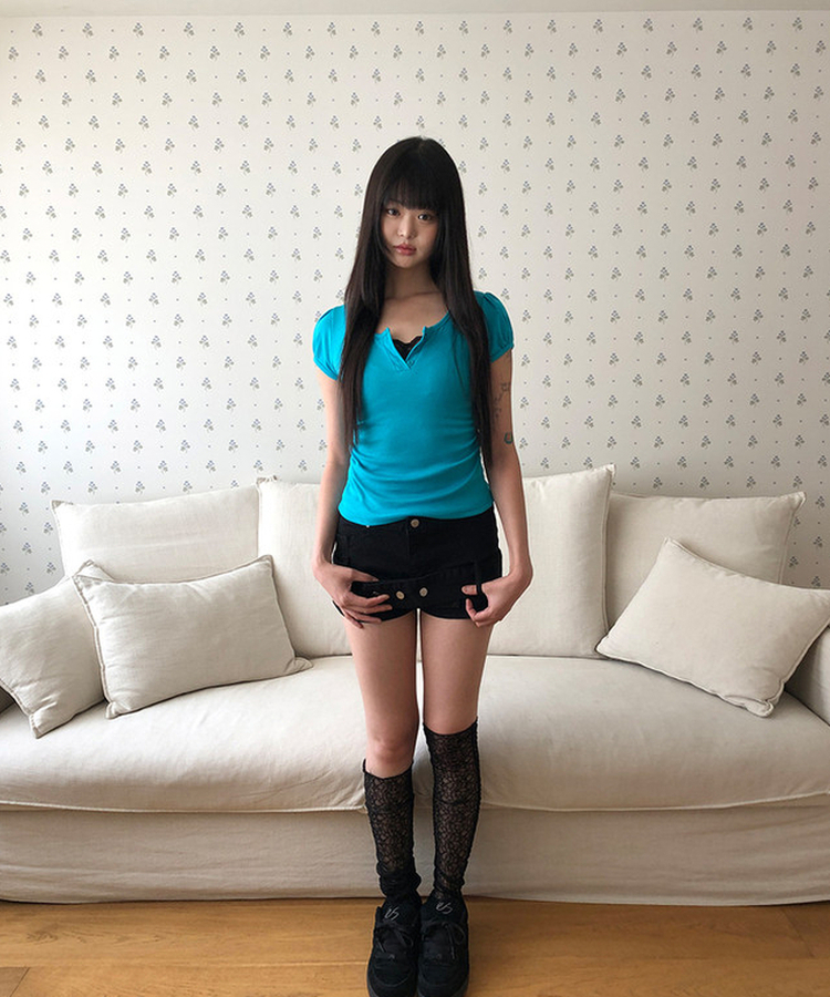 ヘンリーネックパフ半袖Tシャツ(7color) AQUA BLUE