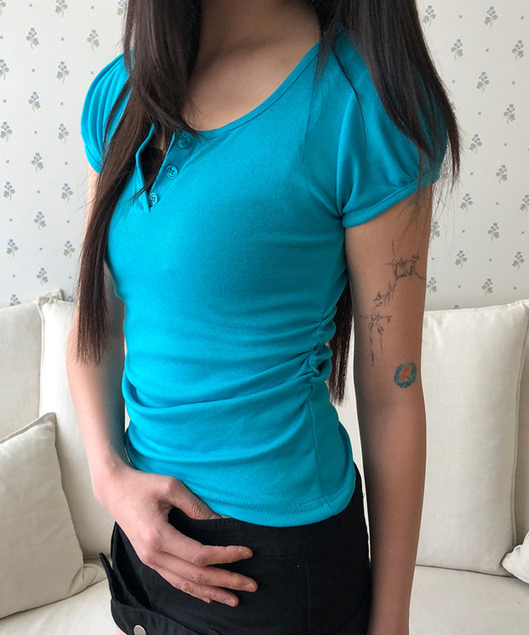 ヘンリーネックパフ半袖Tシャツ(7color) AQUA BLUE
