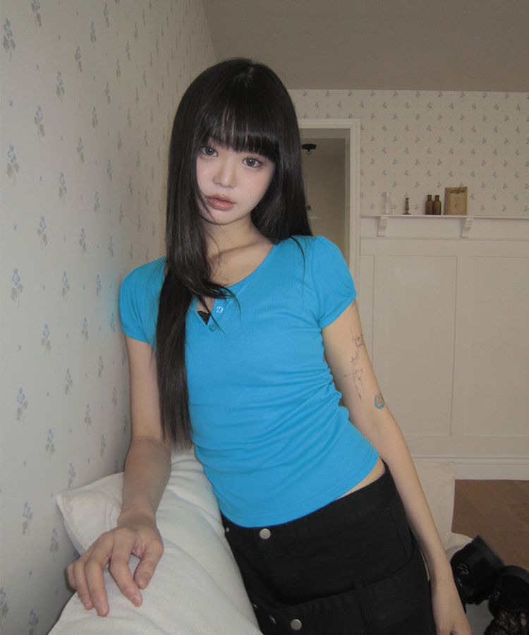 ヘンリーネックパフ半袖Tシャツ(7color) AQUA BLUE