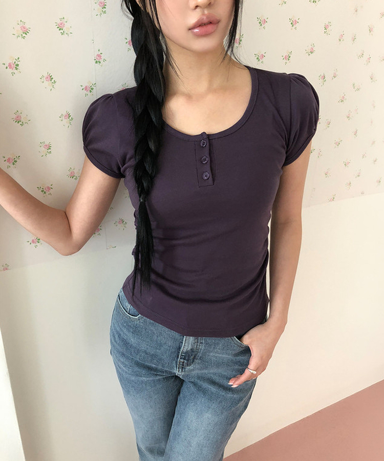 ヘンリーネックパフ半袖Tシャツ(7color) DEEP PURPLE
