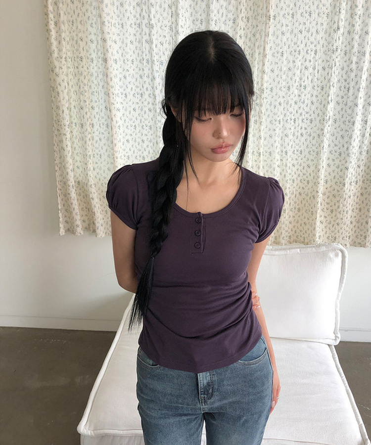 ヘンリーネックパフ半袖Tシャツ(7color) DEEP PURPLE