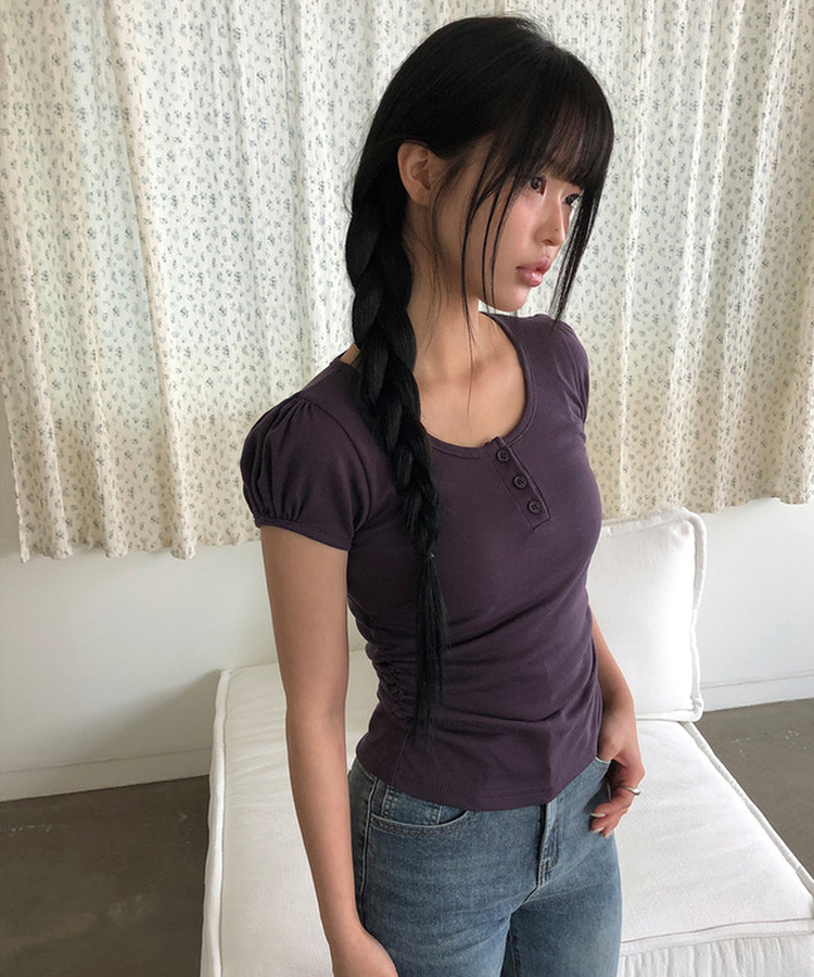 ヘンリーネックパフ半袖Tシャツ(7color) DEEP PURPLE