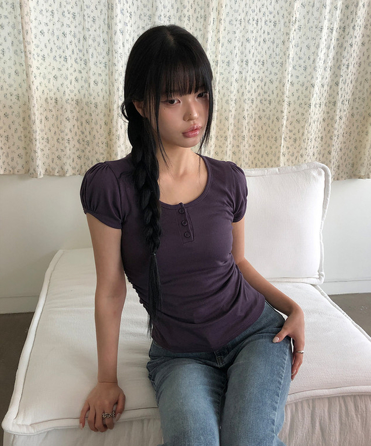 ヘンリーネックパフ半袖Tシャツ(7color) DEEP PURPLE