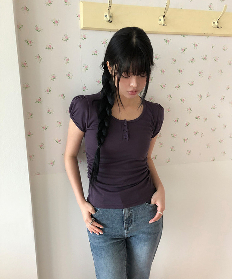 ヘンリーネックパフ半袖Tシャツ(7color) DEEP PURPLE