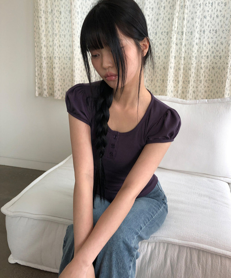 ヘンリーネックパフ半袖Tシャツ(7color) DEEP PURPLE
