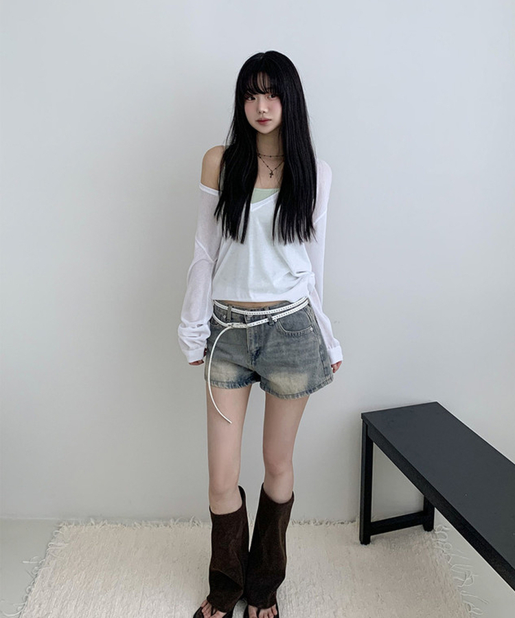 ウォッシュハイウエストデニムショートパンツ VINTAGE BLUE