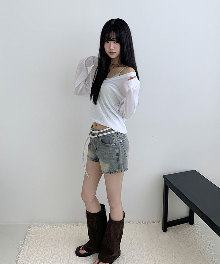 ウォッシュハイウエストデニムショートパンツ VINTAGE BLUE