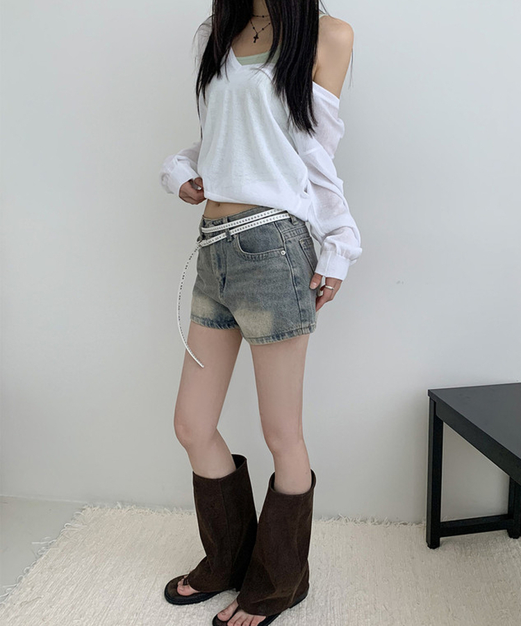 ウォッシュハイウエストデニムショートパンツ VINTAGE BLUE