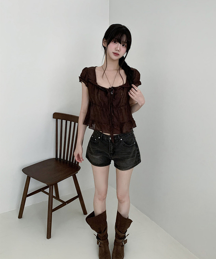 ウォッシュハイウエストデニムショートパンツ BLACK DENIM