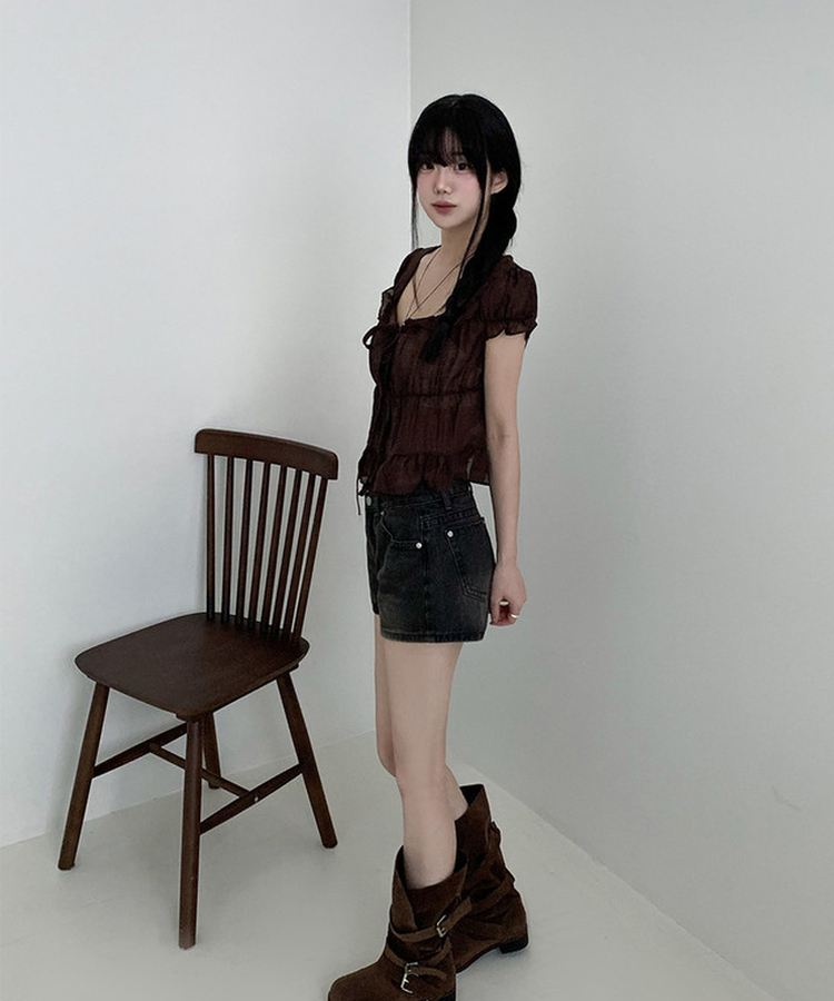 ウォッシュハイウエストデニムショートパンツ BLACK DENIM