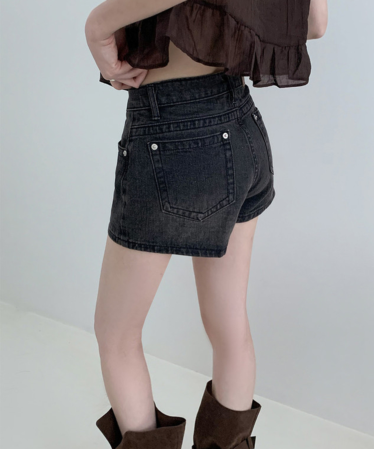 ウォッシュハイウエストデニムショートパンツ BLACK DENIM