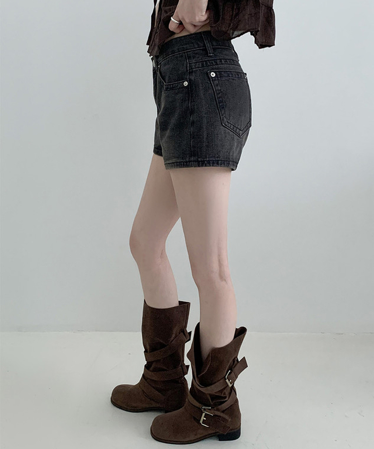 ウォッシュハイウエストデニムショートパンツ BLACK DENIM