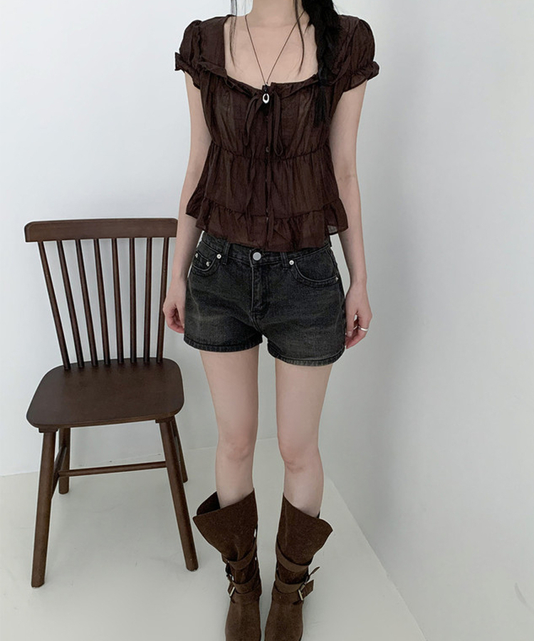 ウォッシュハイウエストデニムショートパンツ BLACK DENIM