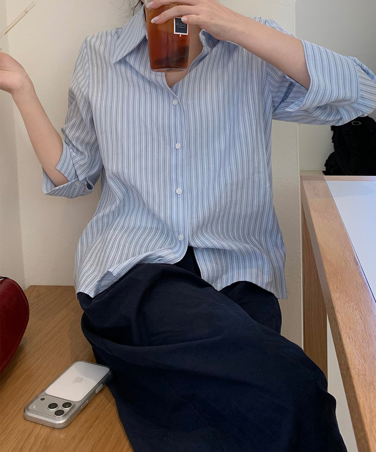 ストライプロールアップシャツ SORA