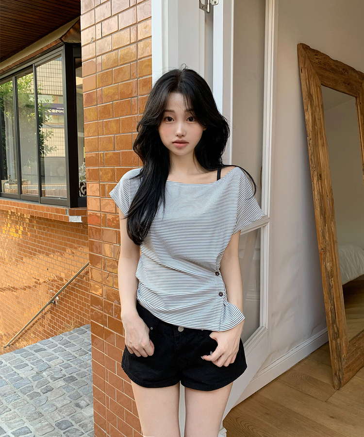 サイドボタンボーダーTシャツ MELANGE