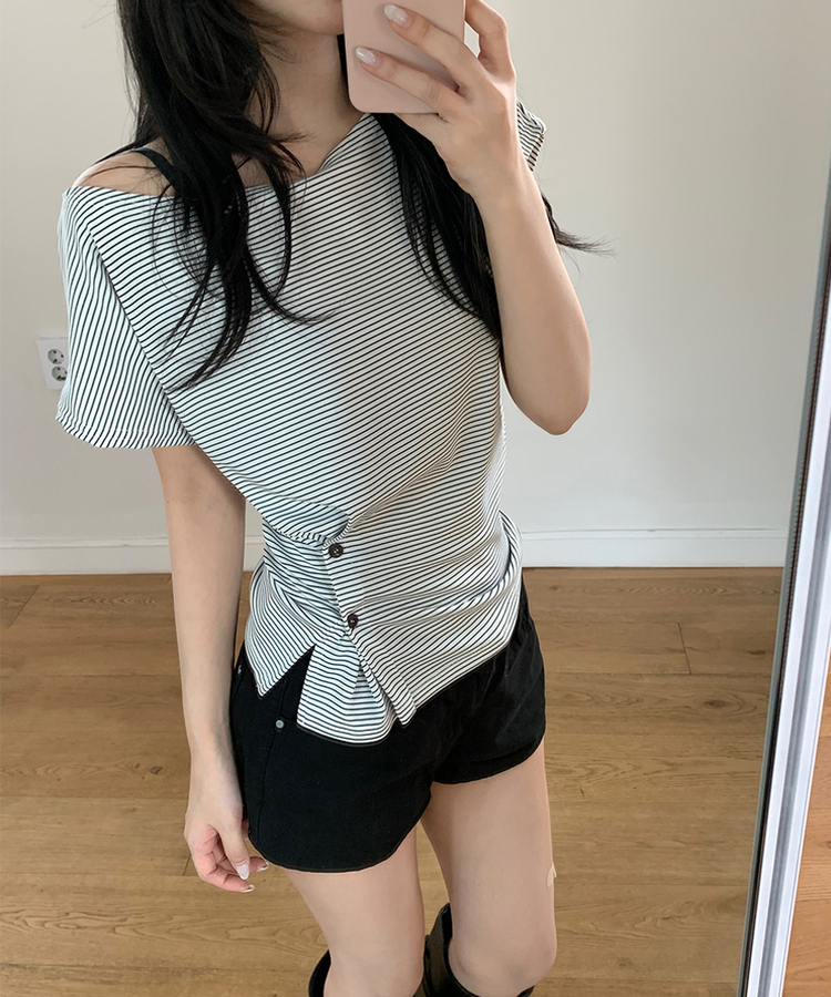 サイドボタンボーダーTシャツ MELANGE