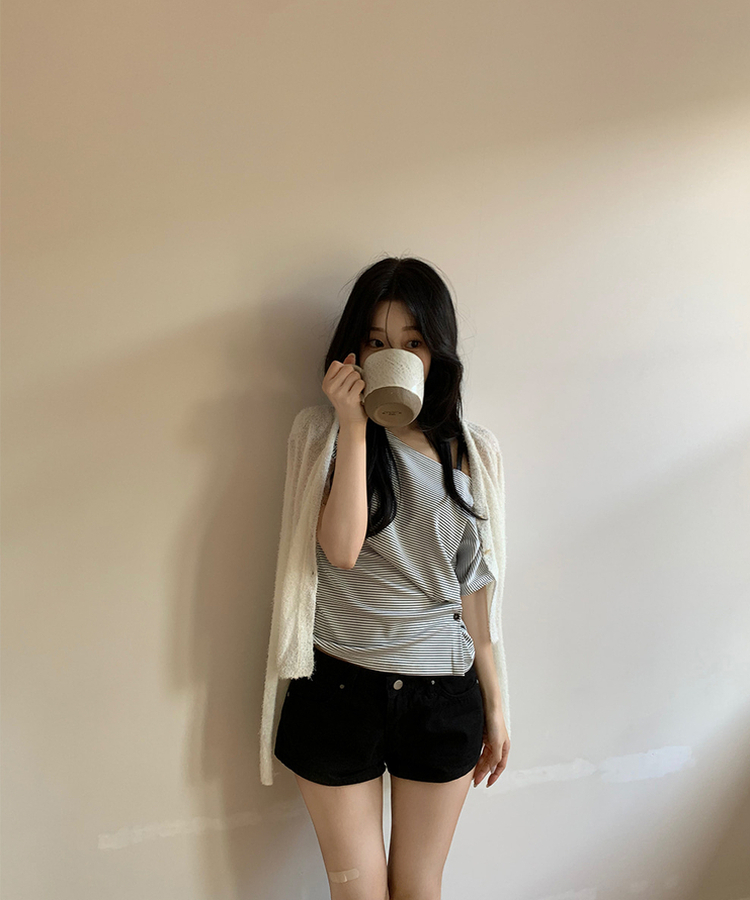 サイドボタンボーダーTシャツ MELANGE