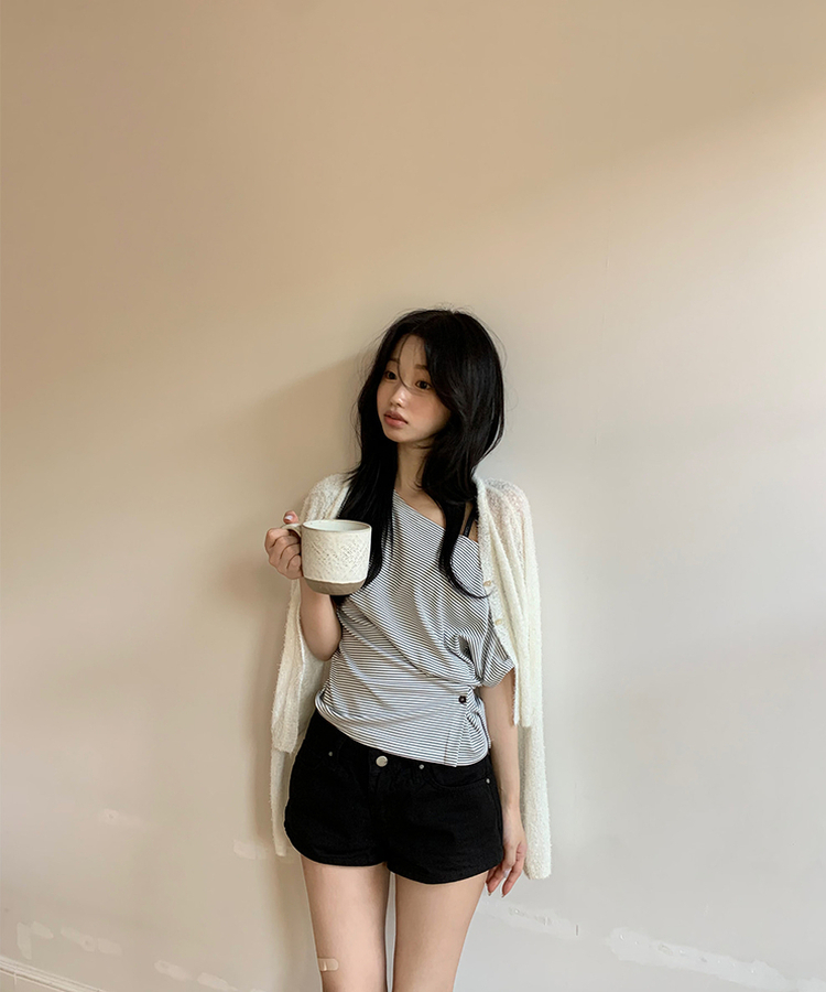 サイドボタンボーダーTシャツ MELANGE