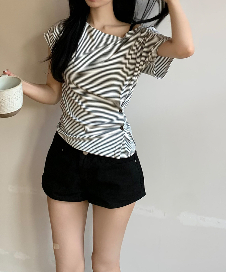 サイドボタンボーダーTシャツ MELANGE