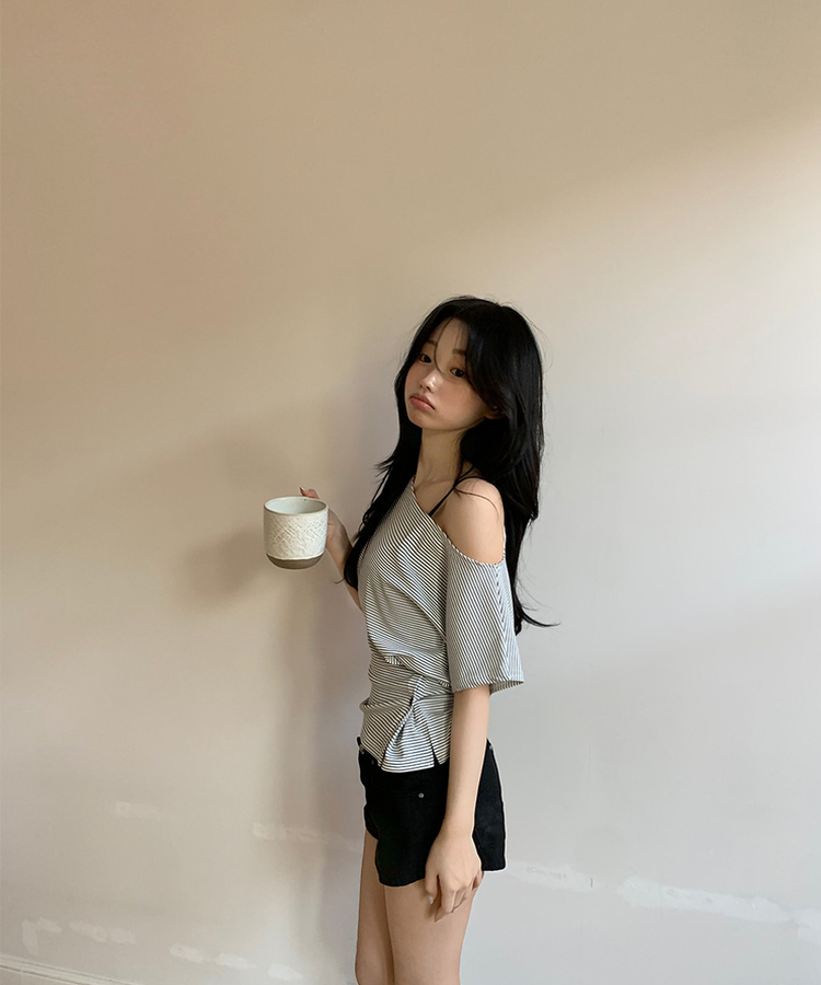 サイドボタンボーダーTシャツ MELANGE