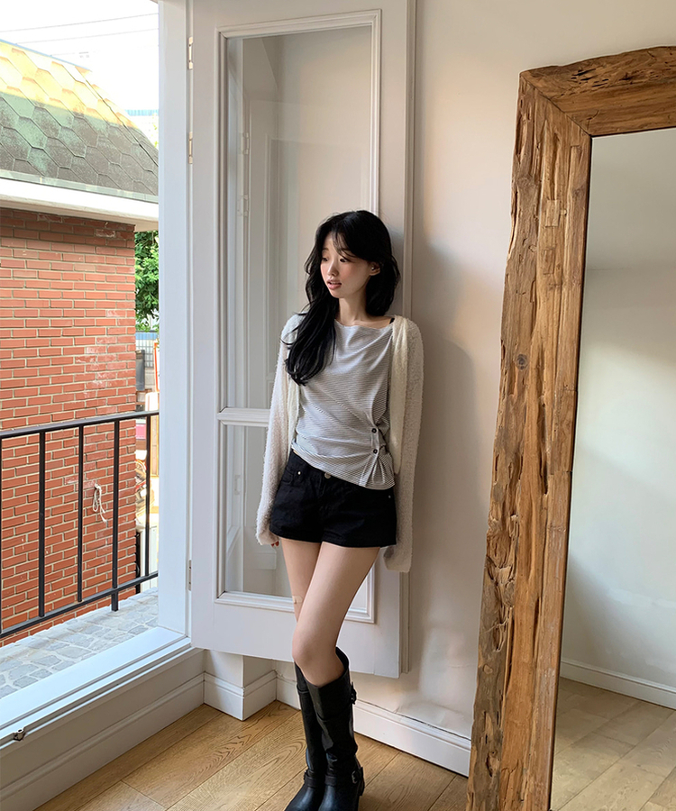 サイドボタンボーダーTシャツ MELANGE