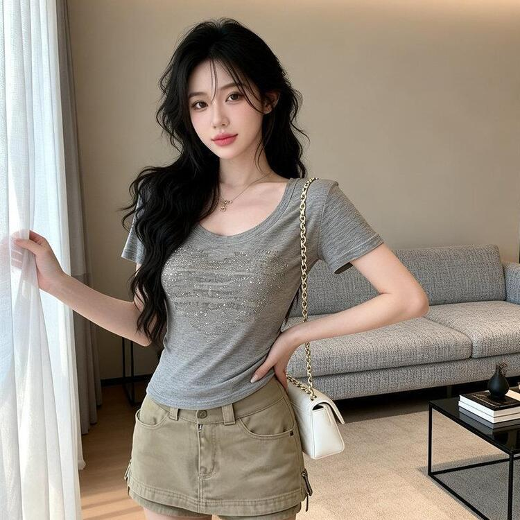 ラメレタリング Uネック Tシャツ GREY