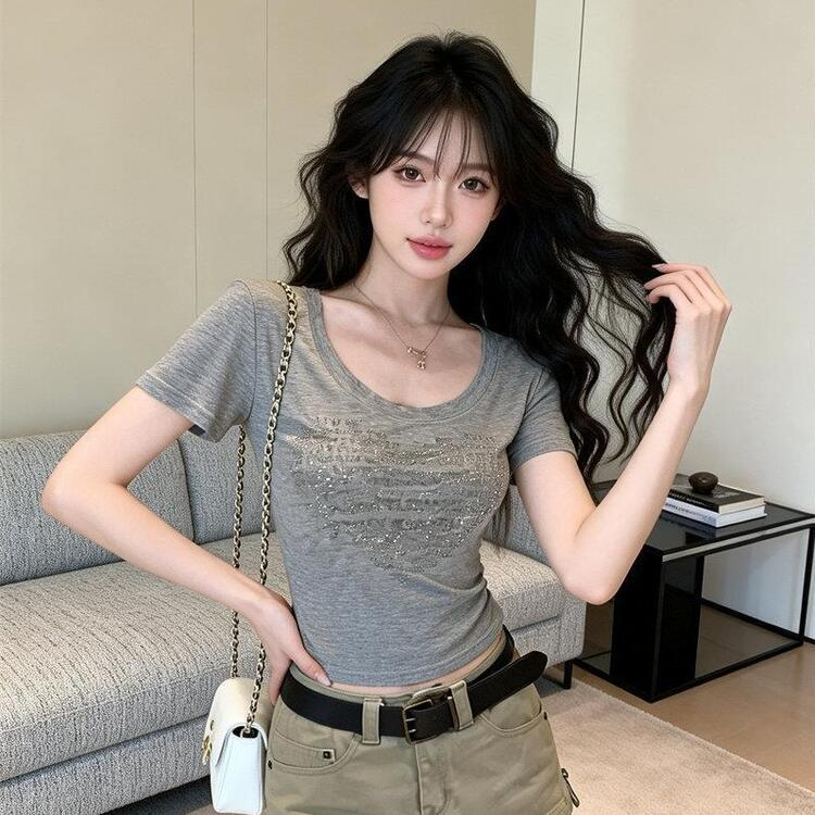 ラメレタリング Uネック Tシャツ GREY