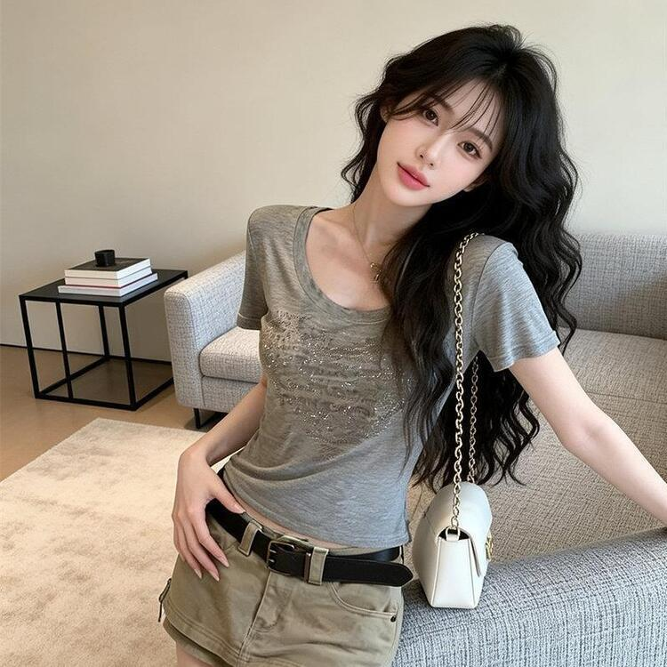 ラメレタリング Uネック Tシャツ GREY