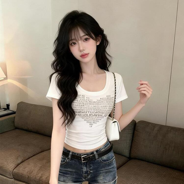 ラメレタリング Uネック Tシャツ WHITE