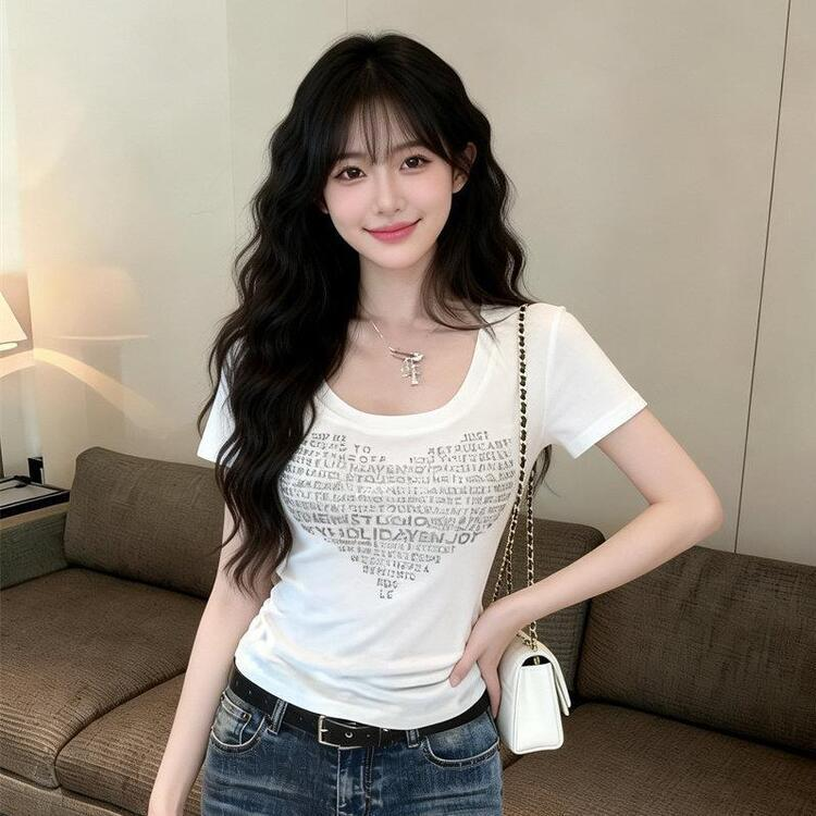 ラメレタリング Uネック Tシャツ WHITE