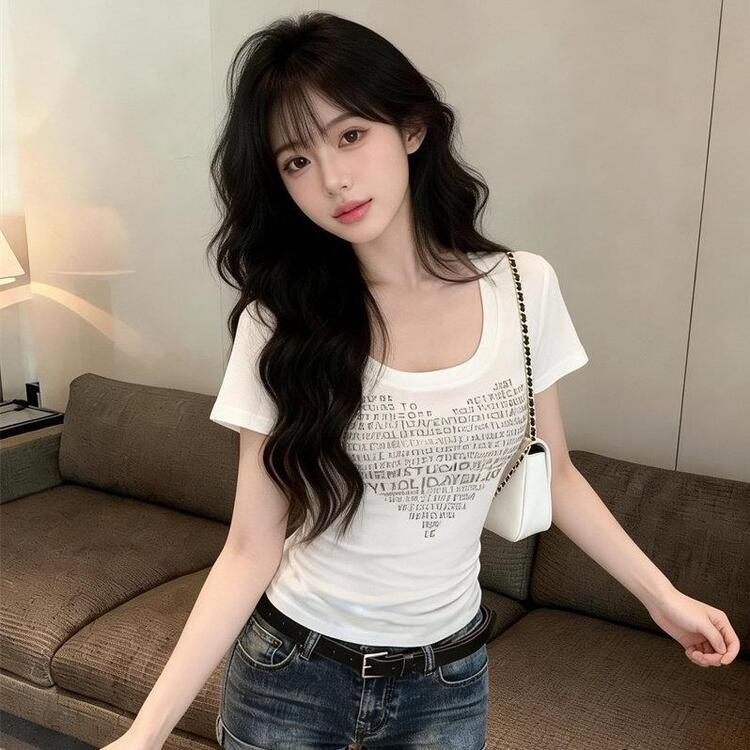 ラメレタリング Uネック Tシャツ WHITE