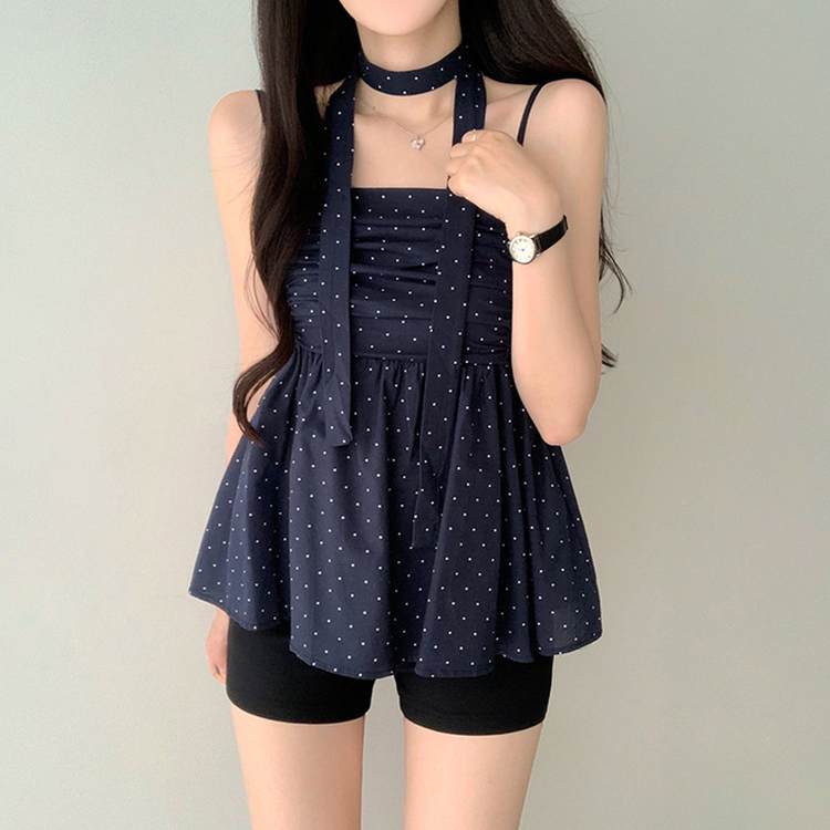 【マフラー付き】ドットキャミソールブラウス NAVY