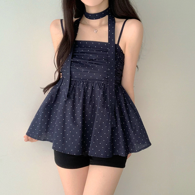 【マフラー付き】ドットキャミソールブラウス NAVY