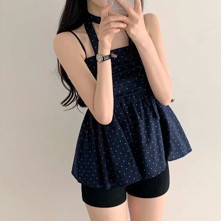 【マフラー付き】ドットキャミソールブラウス NAVY