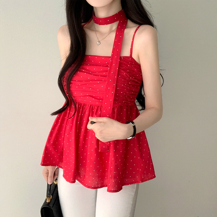 【マフラー付き】ドットキャミソールブラウス RED